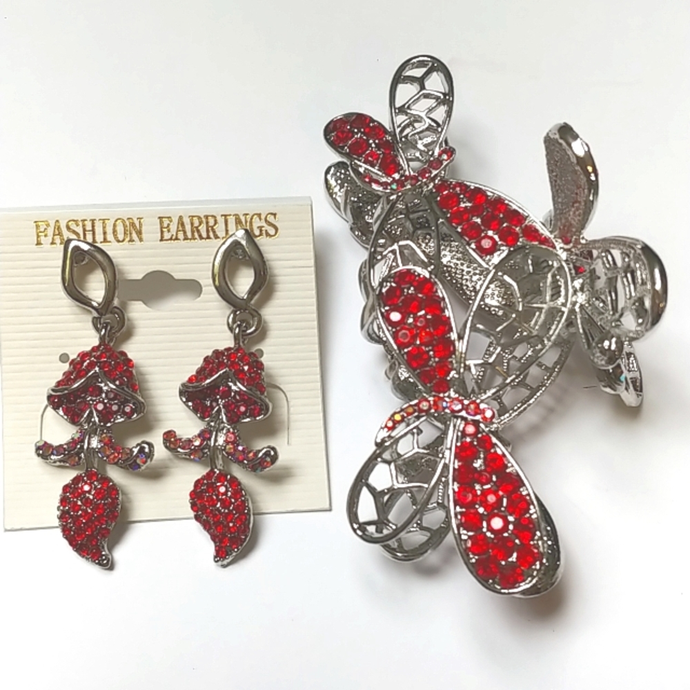 Red dragonflies hair clip & ✨FREE✨ earrings NWT